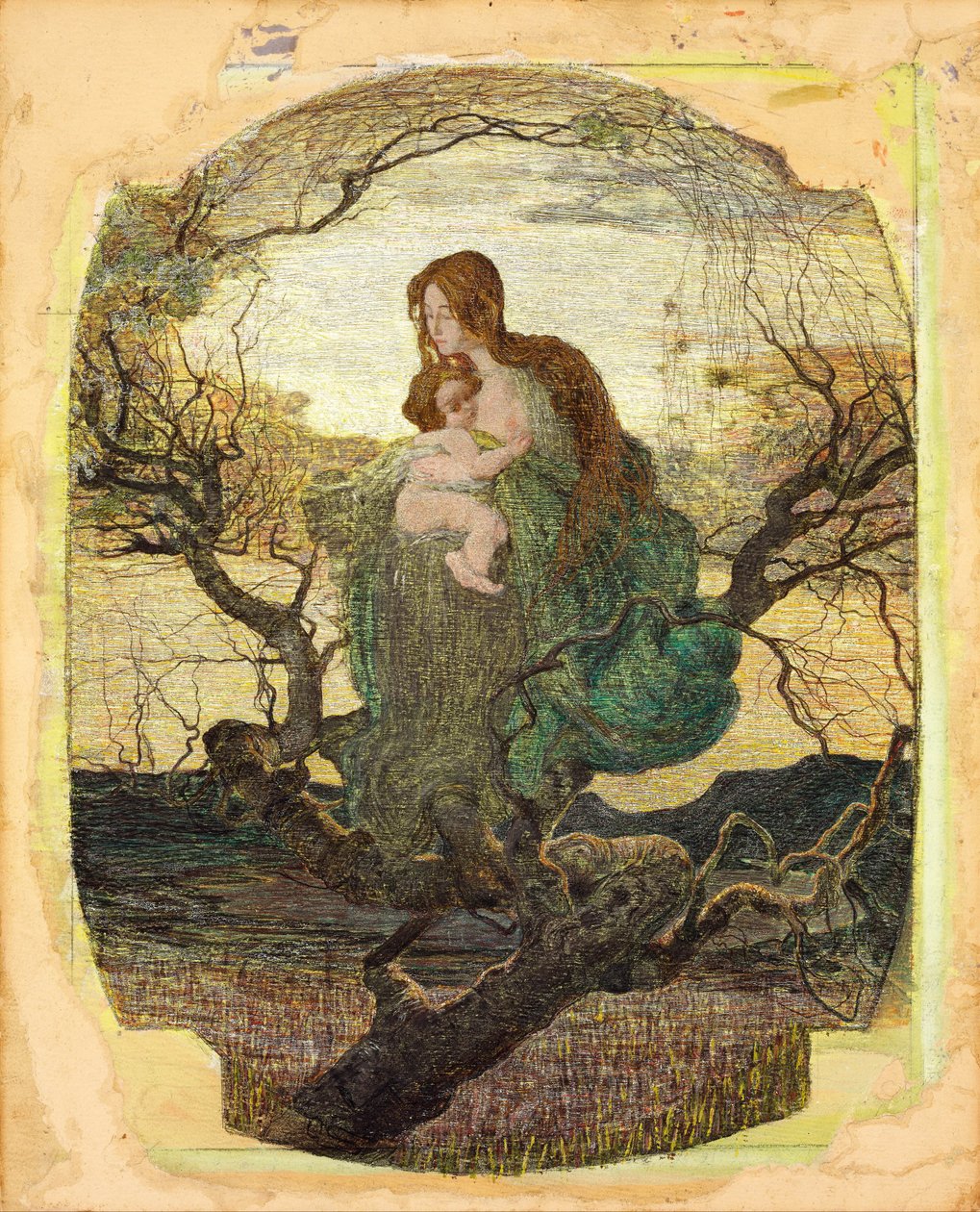 Yaşam Meleği - Peinture de Giovanni Segantini (1858-1899) - 1894-1895 - Kağıt üzerine suluboya, guaj, altın ve beyaz renkler - 59,5x47,9 - Szepmuveszeti Muzeum, Budapeşte by Giovanni Segantini