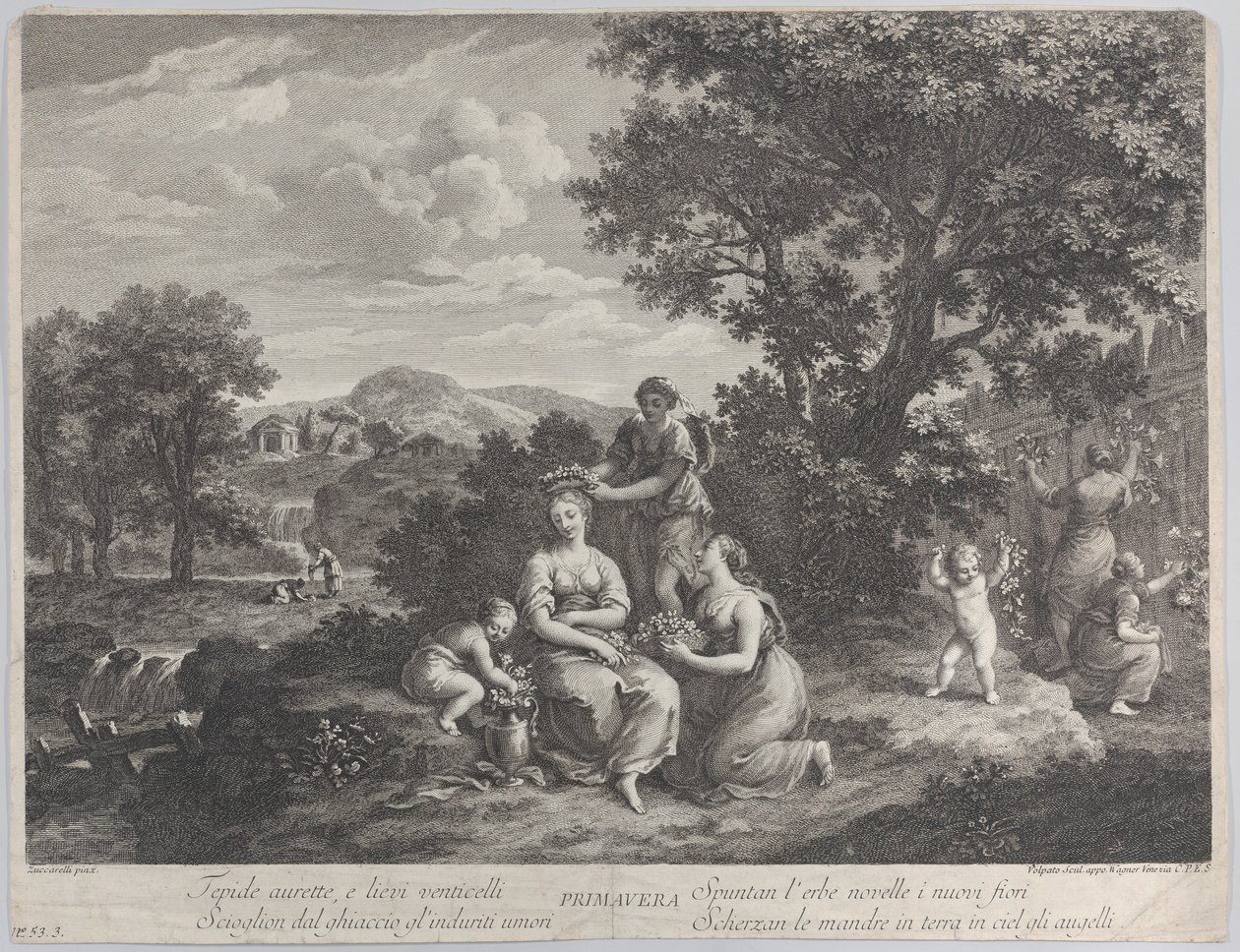 Primavera, çiçek toplayan ve onlardan taç yapan bir grup kadın, M.Ö. 1764. by Giovanni Volpato