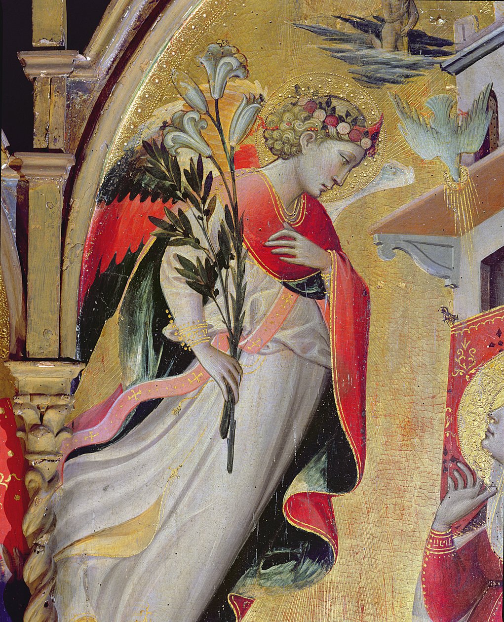 Başmelek Gabriel, SS Lawrence, Benedict, John the Baptist ve Nicholas ile Müjde'den detay, 1434 (panelde tempera ve altın varak) by Giovanni dal Ponte