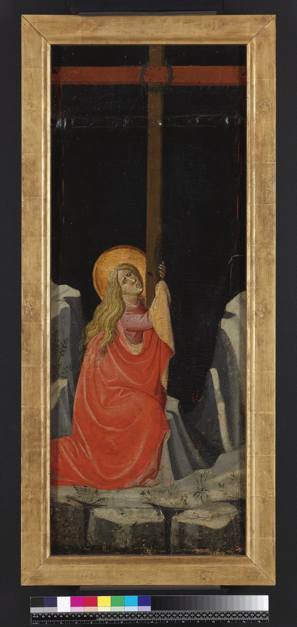 Mecdelli Meryem Haçı kucaklıyor, ters (panelde tempera ve altın rengi) by Giovanni dal Ponte
