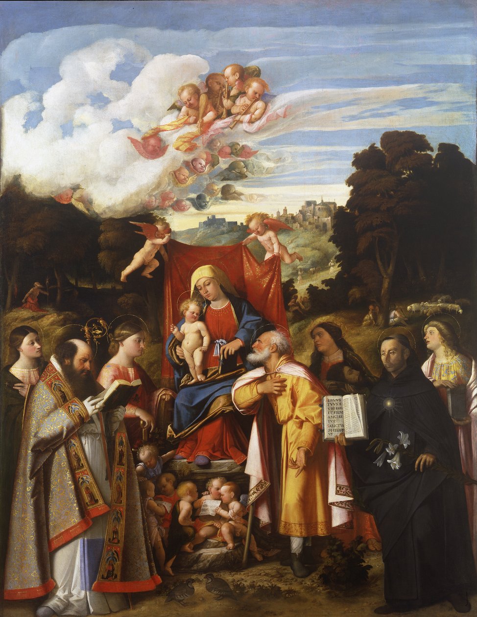 Madonna Enthroned with Angels, St. Apollonia, St. Augustine, St. Catherine, St. Joseph, St. Grata, St. Philip Benizzi ve St. Barbara (St. Gotthard Altarpiece) by Giovanni de Busi Cariani