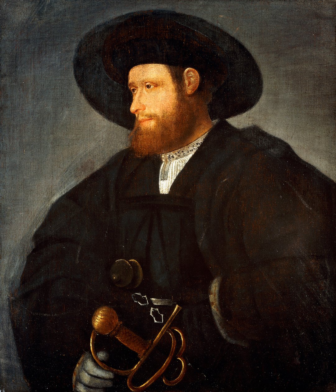Siyah bir kostüm ve siyah bir şapka giyen yarım uzunlukta bir beyefendinin portresi, by Giovanni de Busi Cariani