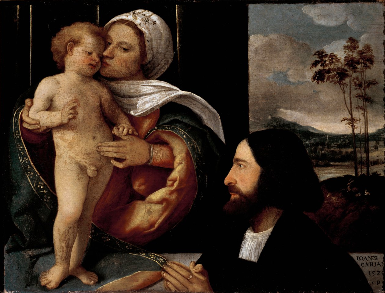 Sadık Adamlı Bakire ve Çocuk Tablosu Giovanni Busi dit Cariani (1482-1547) tarafından by Giovanni de Busi Cariani