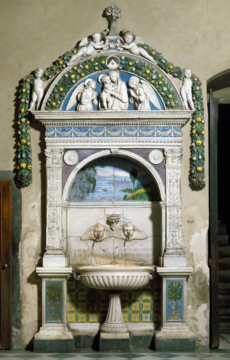 Giovanni della Robbia (1469-1529) 1498 tarafından mermer ve pişmiş topraktan yüksek kabartmalı decoree çeşme 1498. Sacristy of Santa Maria Novella, Floransa by Giovanni della Robbia