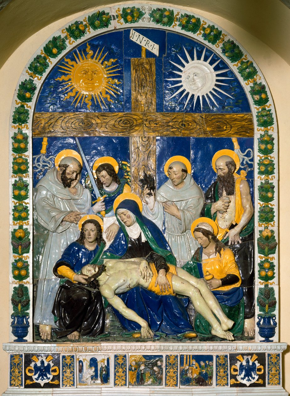 Devirme (Pieta)” İsa Mesih ve Meryem Ana, Saint John ve Saint Mary Magdalene ile çevrili haçtan önce INRI (I.N.R.I.) Yazıtlı yüksek kabartmalı seramik Giovanni della Robbia (1469-1529) 1525 Dim. 287x210 cm Santuario della V by Giovanni della Robbia
