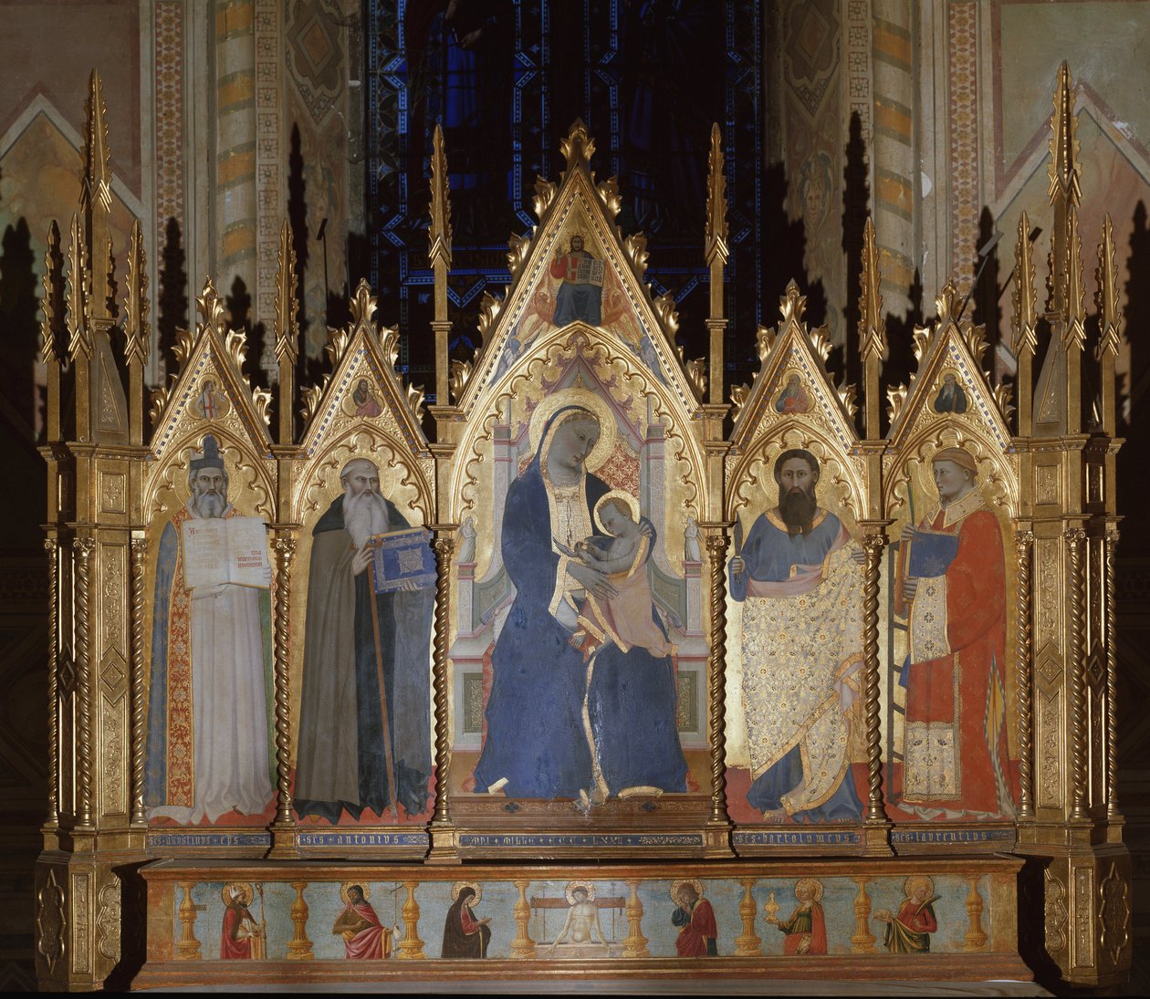 Aziz Augustine, Aziz Büyük Anthony, Aziz Bartholomew ve Aziz Lawrence ile Bakire - panelde sıcaklık by Giovanni di Niccolo del Biondo