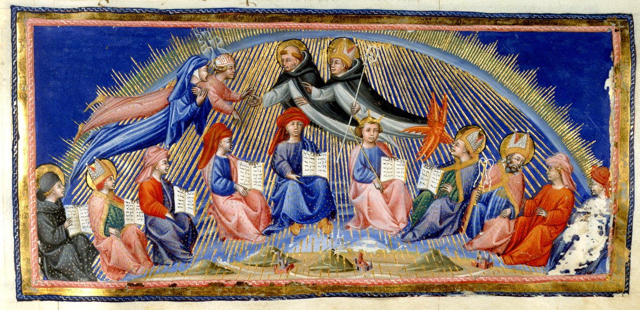 Cennetin Cenneti'nin yanında süzülen Paradiso, Canto X. Beatrice ve Dante, bilgelikleriyle seçkin kişilerle tanışırlar. Onları Aziz Thomas Aquinas ve Albertus Magnus karşılar. Aşağıda oturan on bilgelik temsilcisidir; Bede, Aziz Ambrose, Sev'li Isi by Giovanni di Paolo