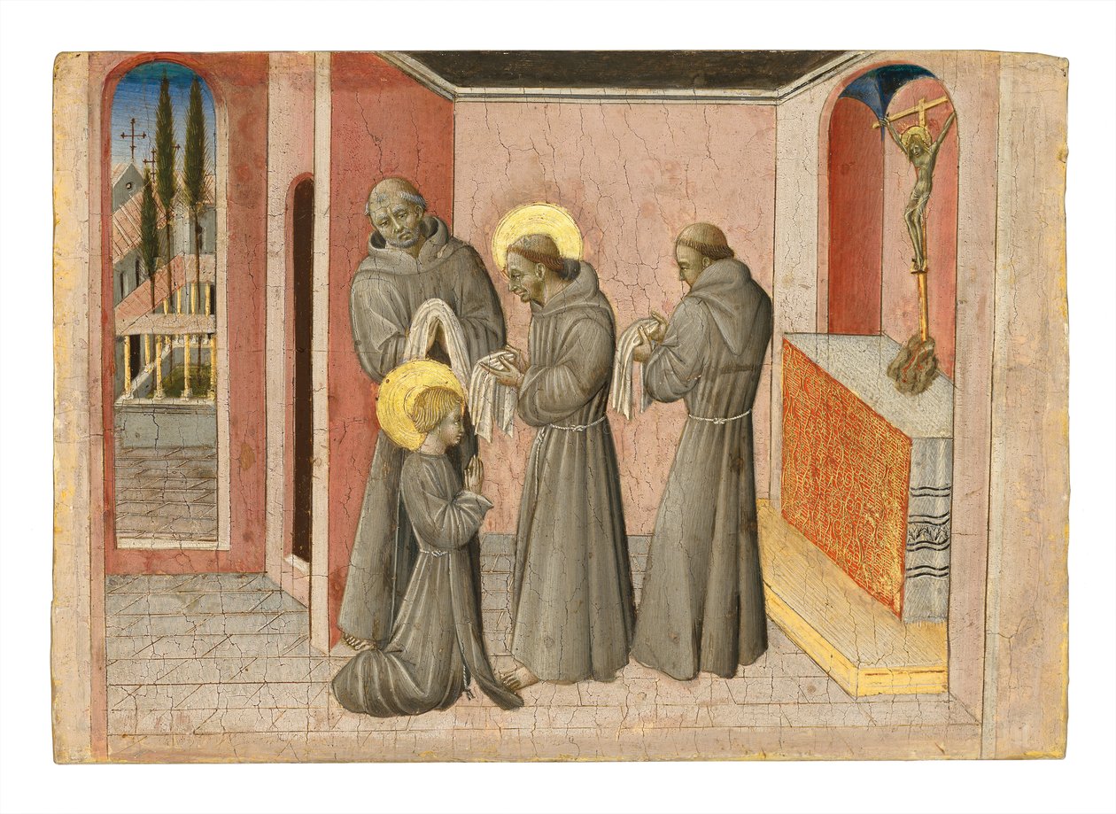 Aziz Clare'in İnvestiture: Aziz Francis'ten Tarikatının kıyafetlerini alan Aziz, c.1389-1482 (panelde tempera ve altın) by Giovanni di Paolo