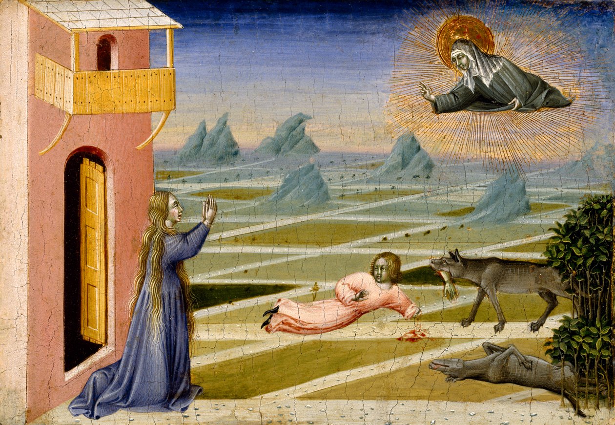 St. Clare, Kurt Tarafından Parçalanmış Bir Çocuğu Kurtarırken, c.1455-60 (panelde tempera ve altın varak) by Giovanni di Paolo di Grazia