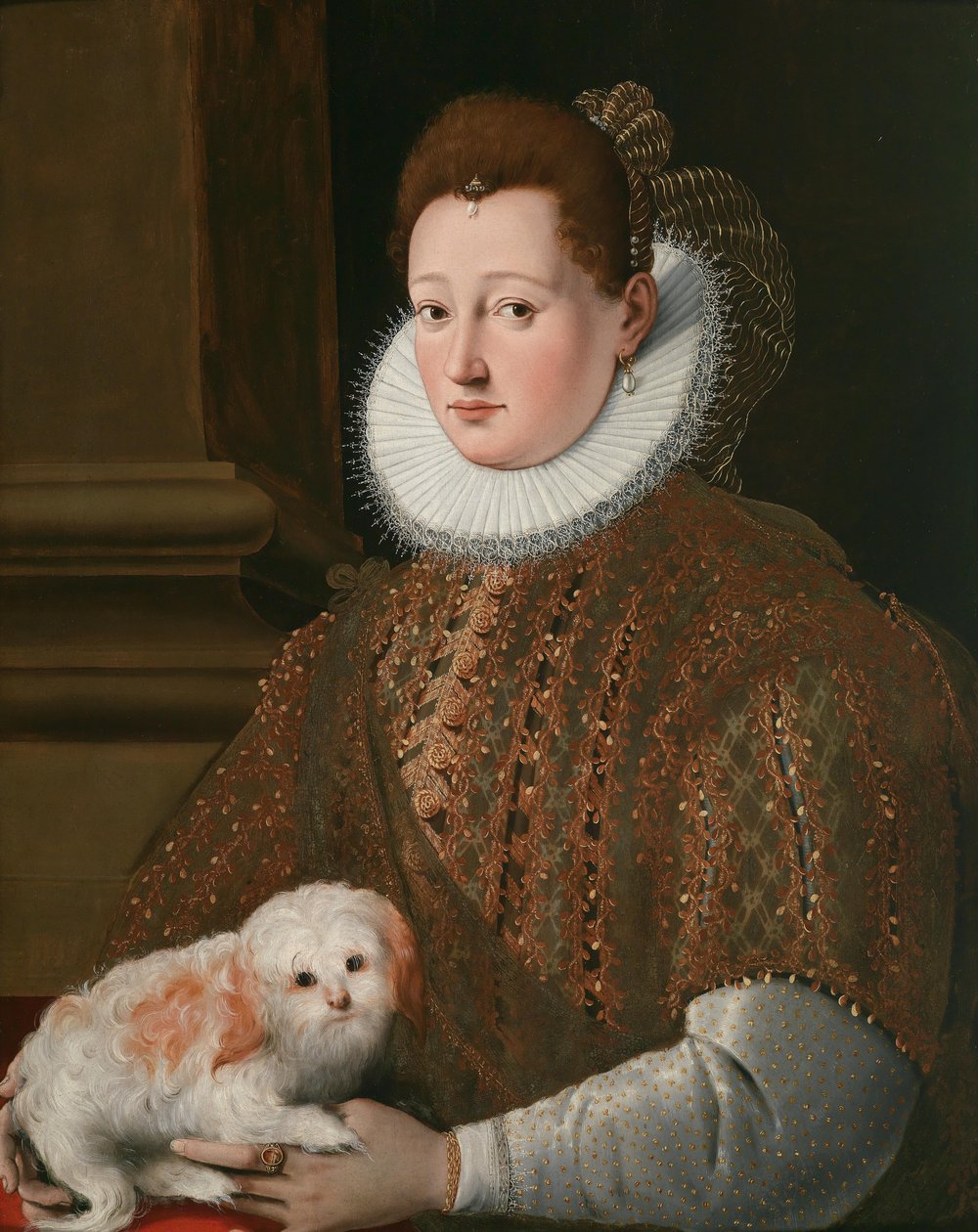 Kucak köpeği olan bir bayanın portresi by Girolamo Macchietti