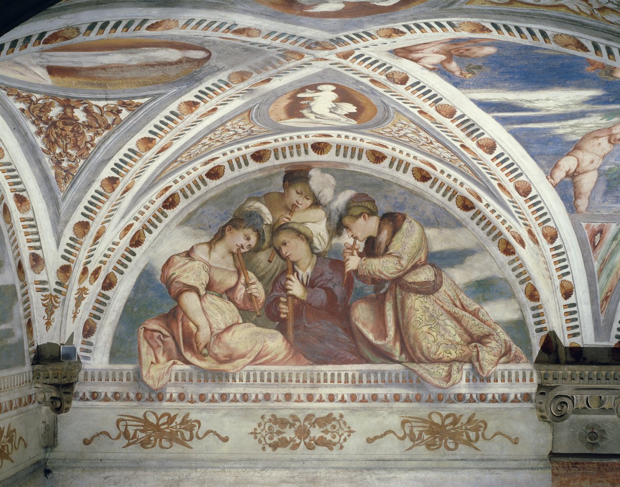 Kaydedicilerden oluşan bir konser dörtlüsü tasvir eden çerçeve, 1532 by Girolamo Romanino