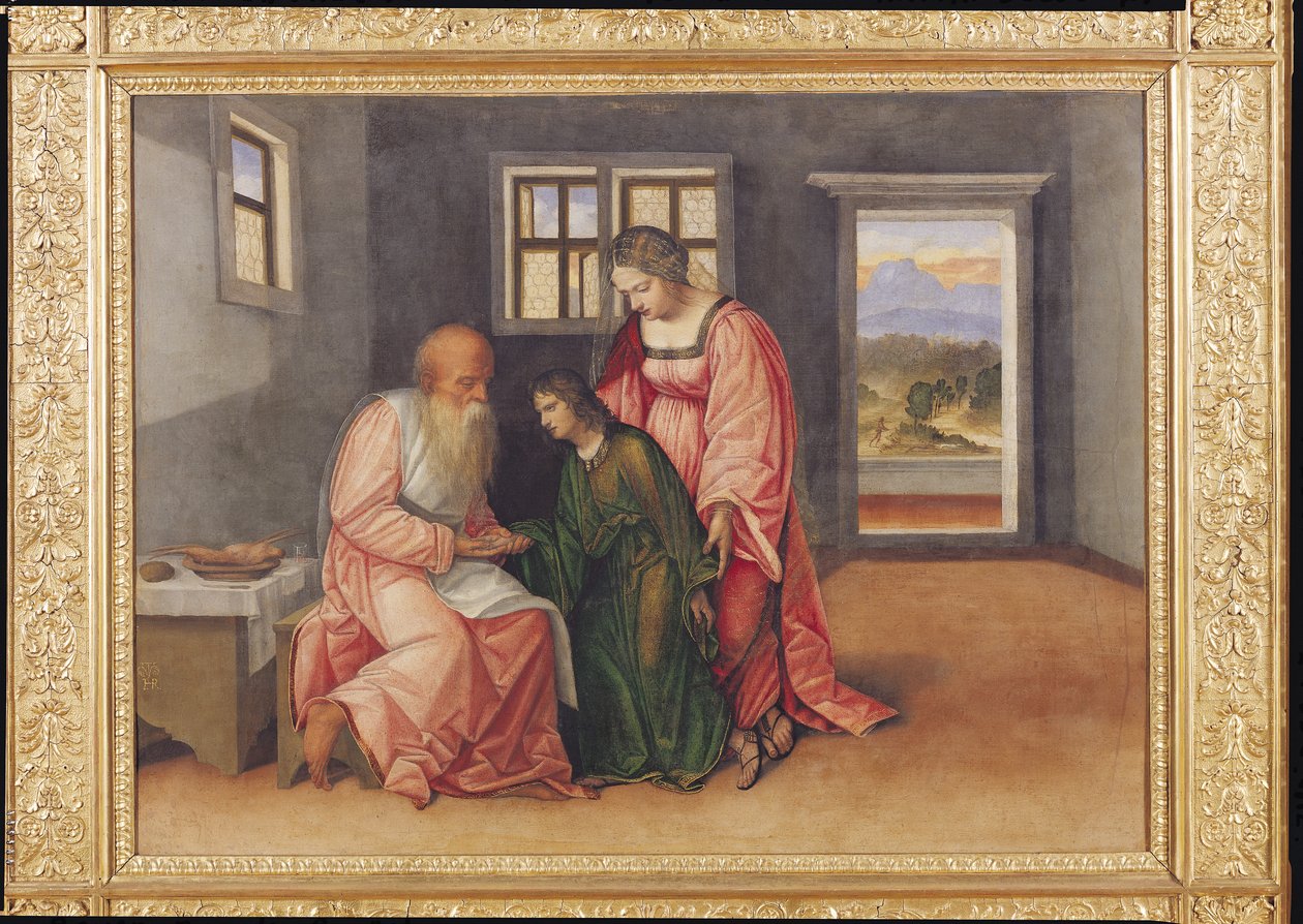 Isaac Blessing Jacob, c.1520 (panelden aktarılmış tuval üzerine yağlı boya) by Girolamo da Treviso II