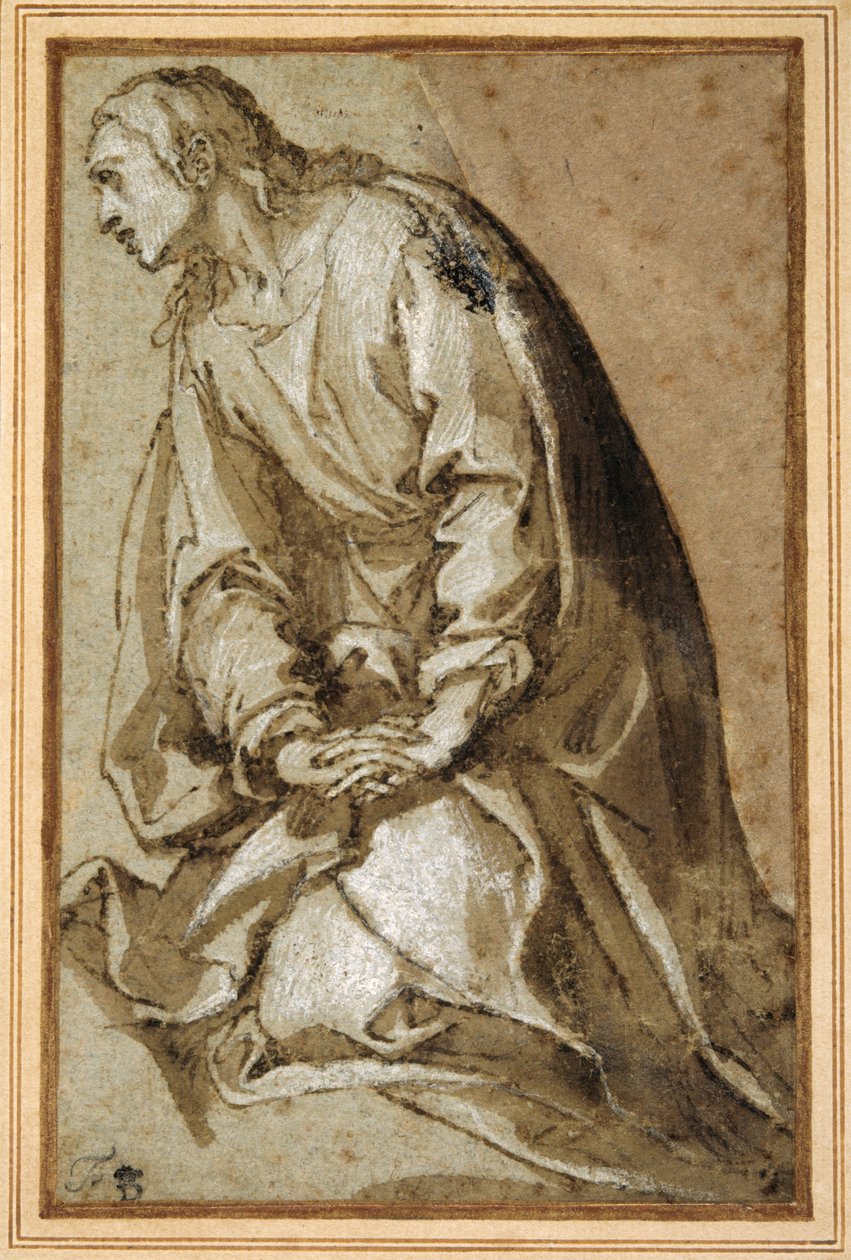 Duada diz çökmüş genç bir aziz (kahverengi yıkama ve yükseltme ile kalem ve kahverengi mürekkep) by Girolamo (circle of) Muziano