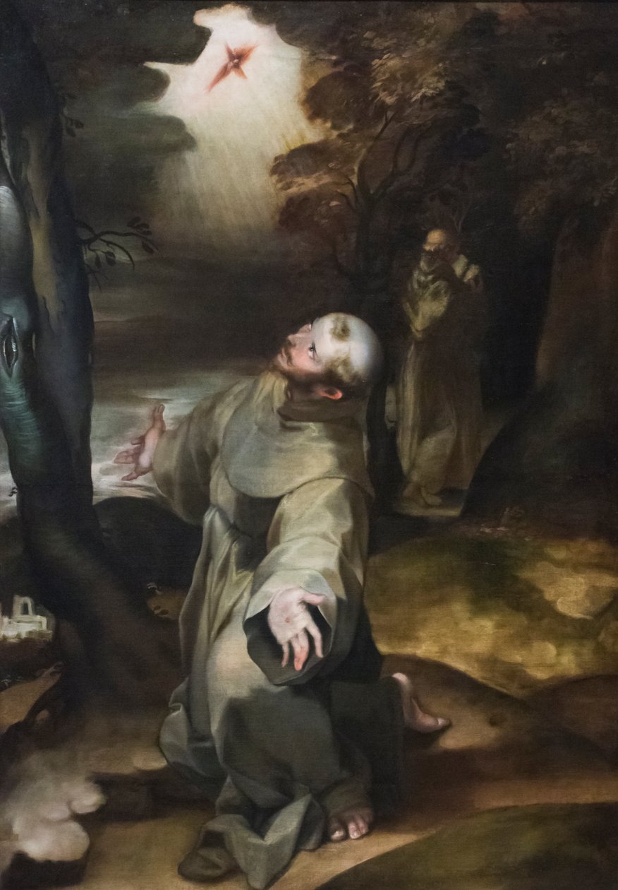 St Francis stigmata'yı alıyor (ahşap panel üzerine yağ) by Girolamo (follower of) Muziano