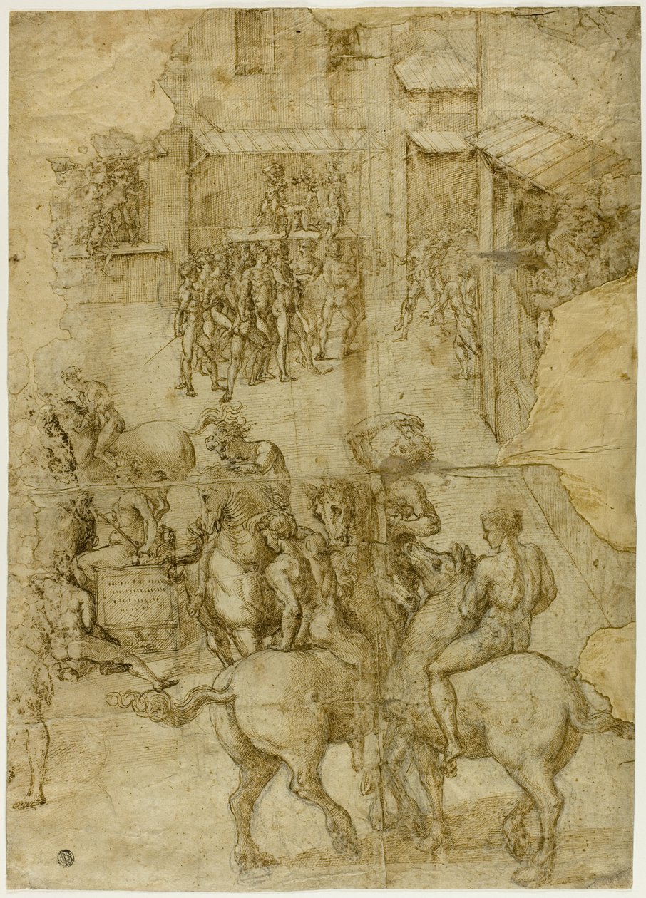 Mitolojik Yarışma (rekto); Başın Okunamayan Yazıtları ve Anatomik Çalışmaları (ters) by Girolamo Genga