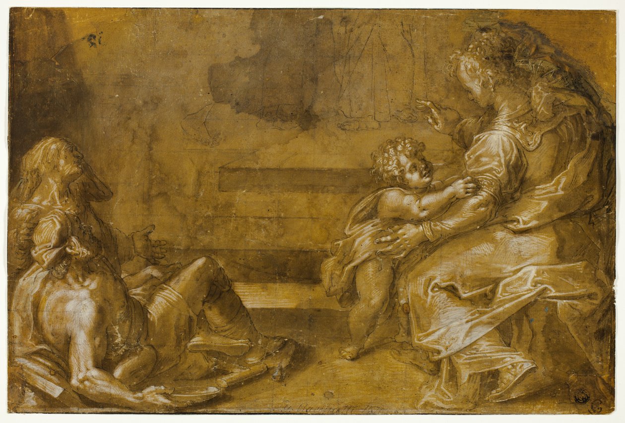 Basamakların Altında İki Uzanmış Dilenci ve Oturan Anne ve Çocuk by Girolamo Macchietti