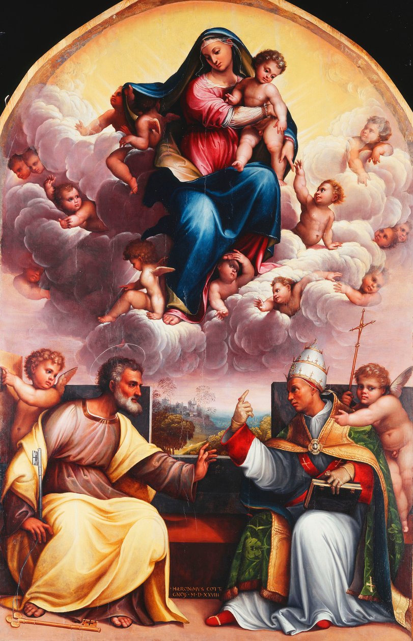 Aziz Peter ve Büyük Gregory ile Zaferdeki Madonna ve Çocuk tartışıyor ve Melekler by Girolamo Marchesi da Cotignola