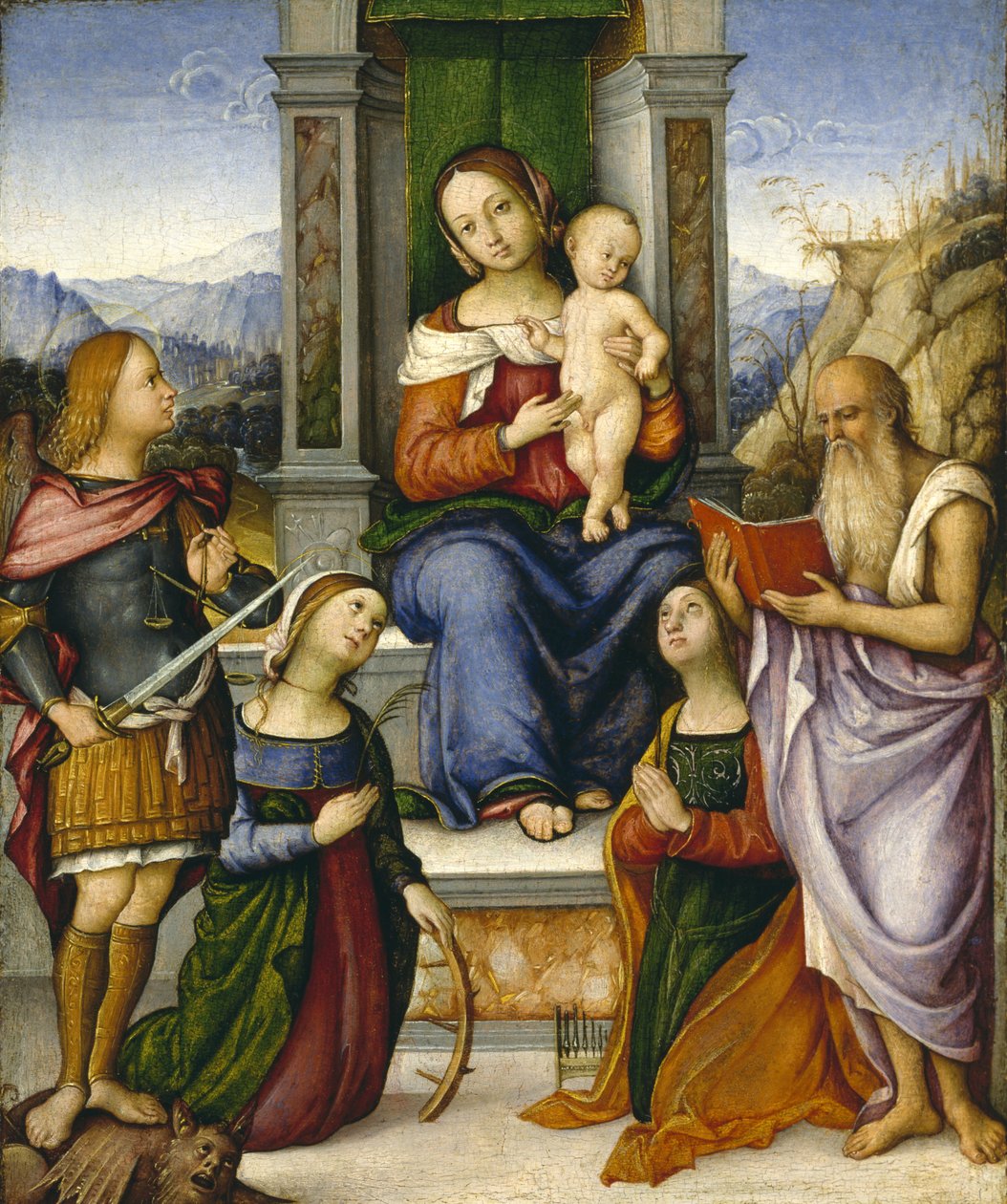 Aziz Michael, İskenderiyeli Catherine, Cecilia ve Jerome ile Enthroned Bakire ve Çocuk, c.1512 by Girolamo Marchesi da Cotignola