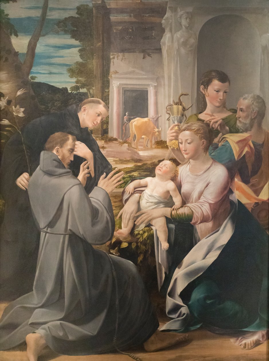 Padua Aziz Anthony, Assisi Aziz Francis ve Evangelist Aziz John, Girolamo Mazzola Bedoli ile Kutsal Aile by Girolamo Mazzola Bedoli