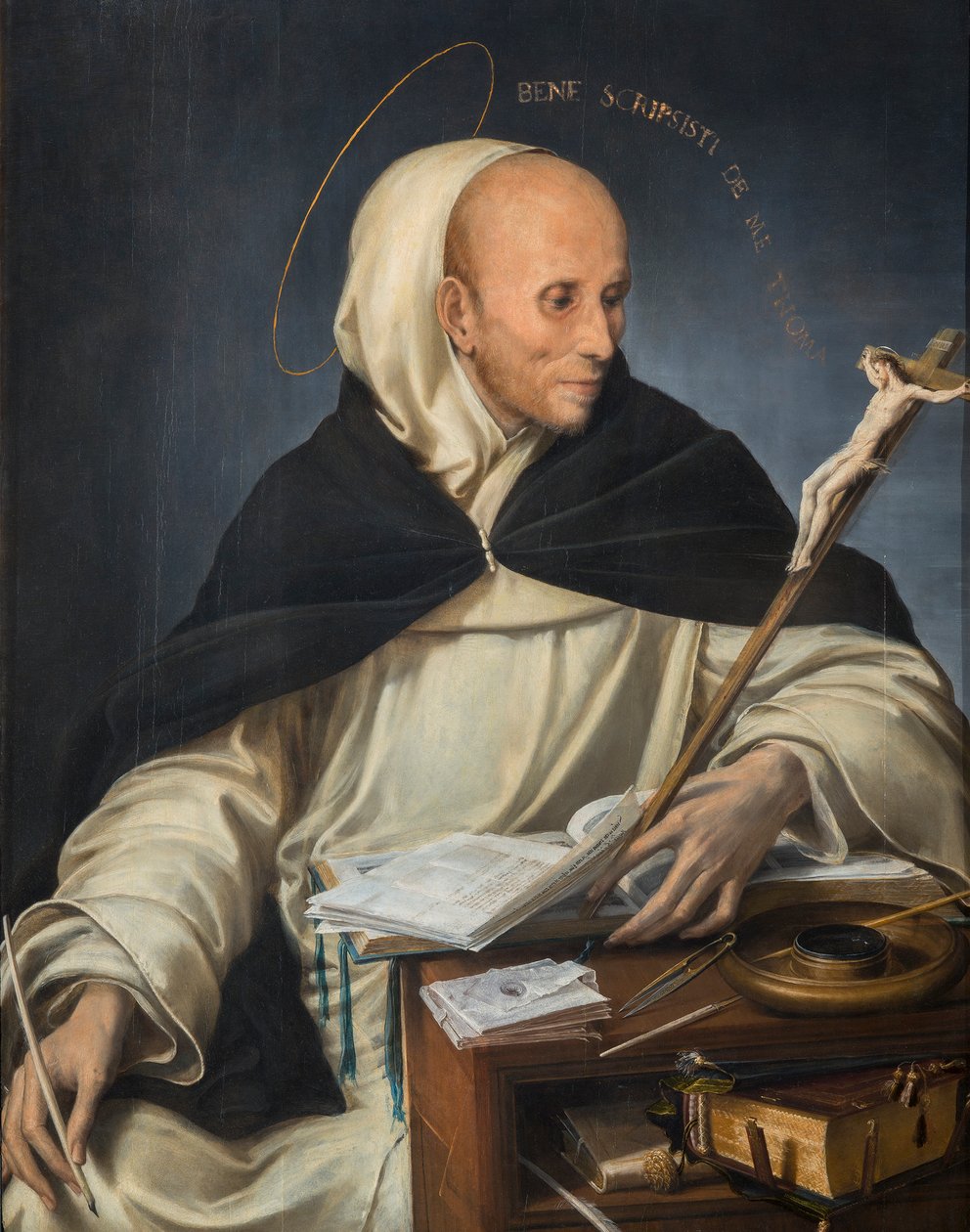 Thomas Aquinas gibi giyinmiş bir keşişin portresi by Girolamo Mazzola Bedoli