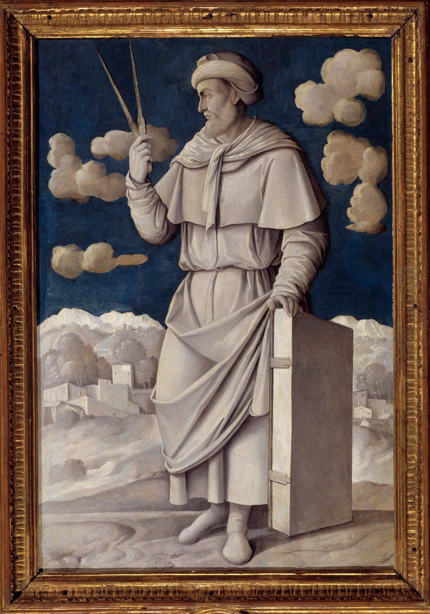 Euclid'in ayaklarında portre (MÖ 325-265), Yunan matematikçi Resim Girolamo Mocetto (1458-1531) 1531 Paris. Musee Jacquemart Andre - İngiliz matematikçi Öklid'in (MÖ 325-265) tam boy portresi. Girolamo Mocetto'nun (1458-1531) tablosu by Girolamo Mocetto