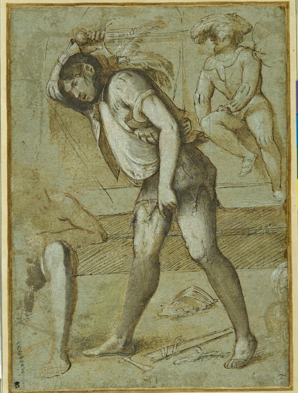 Sakallı bir azizi kesmek üzere olan bir cellat (kağıt üzerinde yıkama ve beyaz gövde rengi ile kalem ve kahverengi mürekkep) by Girolamo Romanino