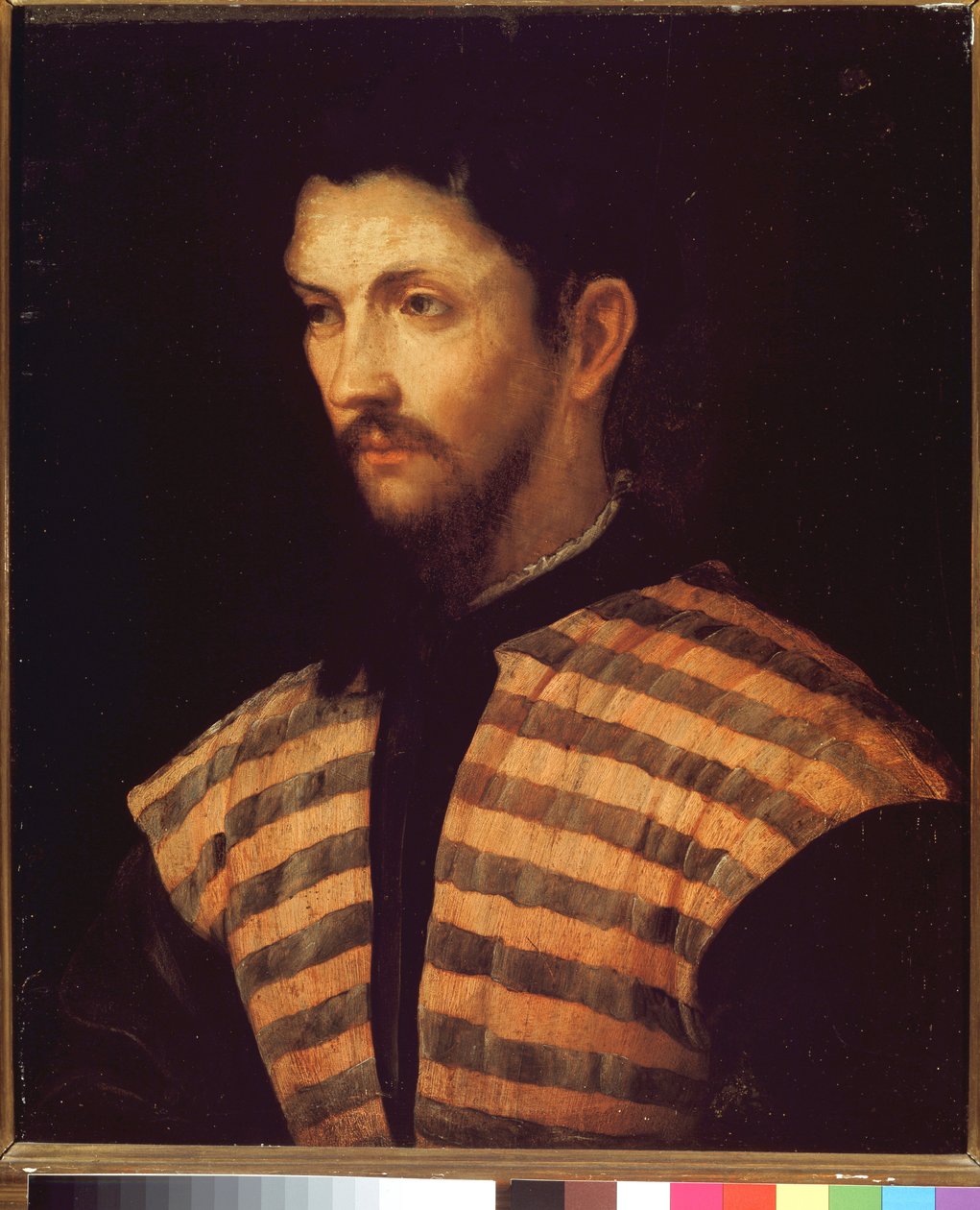 Çizgili ceket giyen bir beyefendinin portresi - Tuval üzerine yağlı boya by Girolamo Romanino