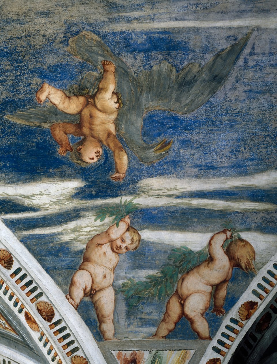 Ganymede ve putti tecavüzü, mozaik nişler ve heykeller, Bernardo Clesio tarafından yaptırılan Girolamo Romanino (yaklaşık 1484-1559