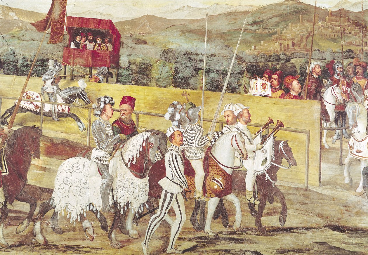 Tournament in Honour of Christian I of Denmark at Castello di Malpaga in 1474, detail from the right hand side  by Girolamo Romanino