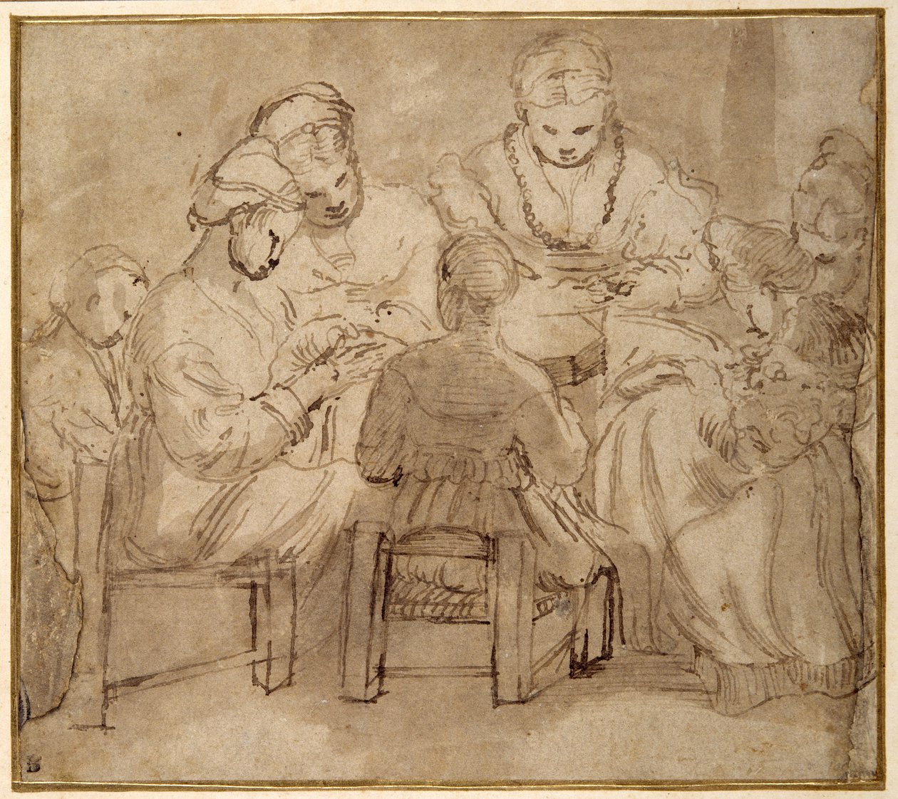 Bir masanın etrafında oturan kadınlar ve kızlar dikiş dikiyor (kağıt üzerinde kahverengi lekeli kalem ve kahverengi mürekkep) by Girolamo Romanino