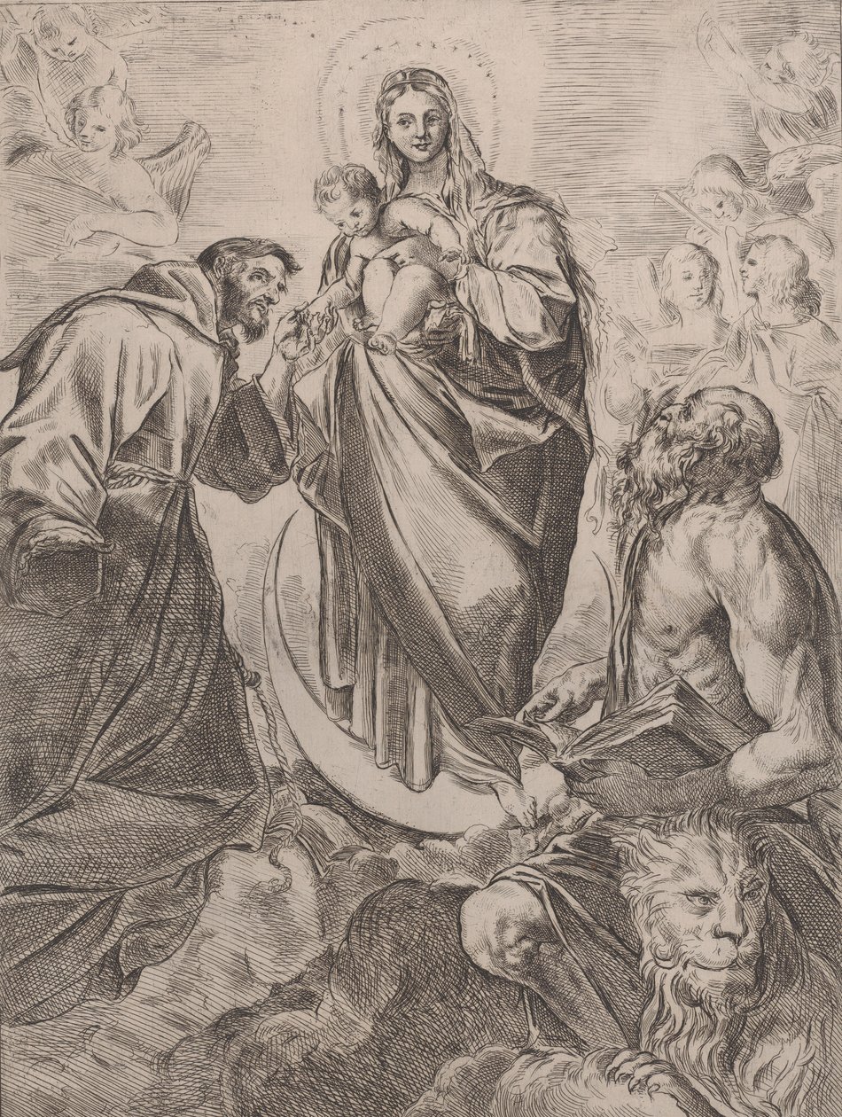 Aziz Jerome ve Francis ile Bakire, 1660-80. by Girolamo Rossi