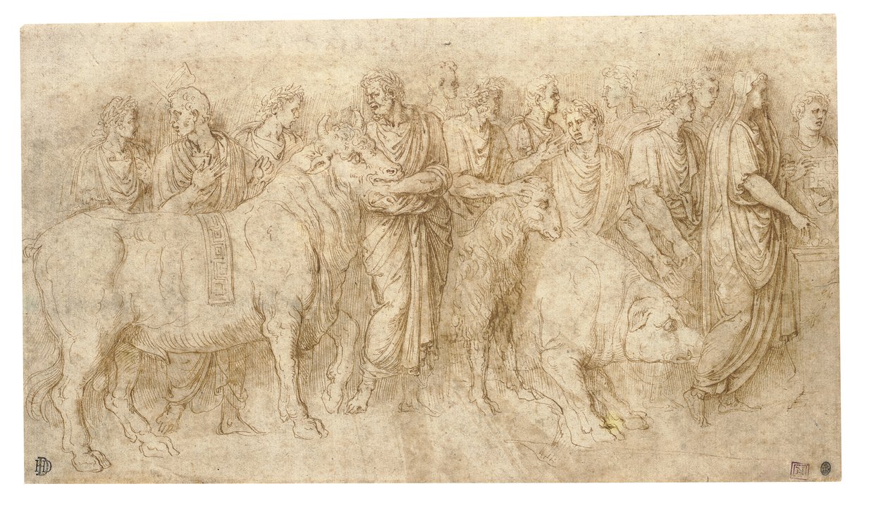 Antikadan sonra bir boğa, bir koç ve bir domuzu bir sunağa götüren rahipler (tebeşir, kalem ve kağıt üzerine mürekkep) by Girolamo da Carpi