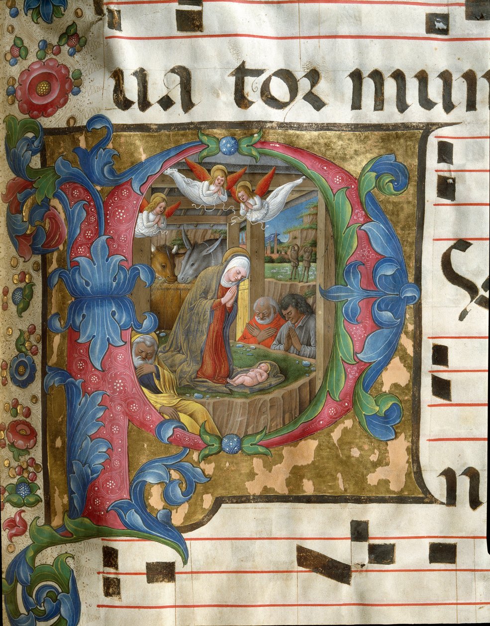Siena katedralinden bir korodan Girolamo da Cremona (1451-1483 civarında aktif) tarafından Minyatür Nativite