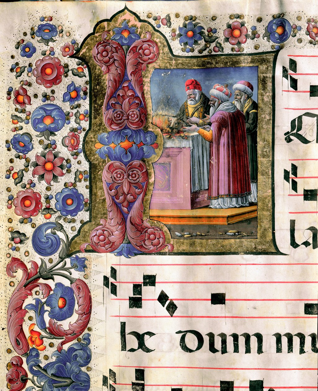 Siena katedralinden bir korodan Girolamo da Cremona (1451-1483 civarında aktif) tarafından minyatür kurban sahnesi (Kod. 10/L. c.114v.). 15. yüzyıl Katedrali (Duomo), Siena, İtalya by Girolamo da Cremona