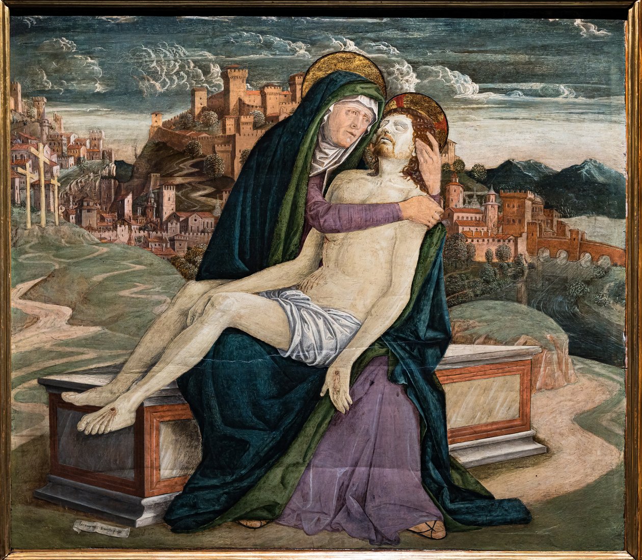 Ağıt, Gerolamo da Treviso the Old, c.1495-7. Arka planda Soave veya Marostica gibi bir Venedik köyünü temsil edebilecek müstahkem bir kasaba. by Girolamo da Treviso the Elder