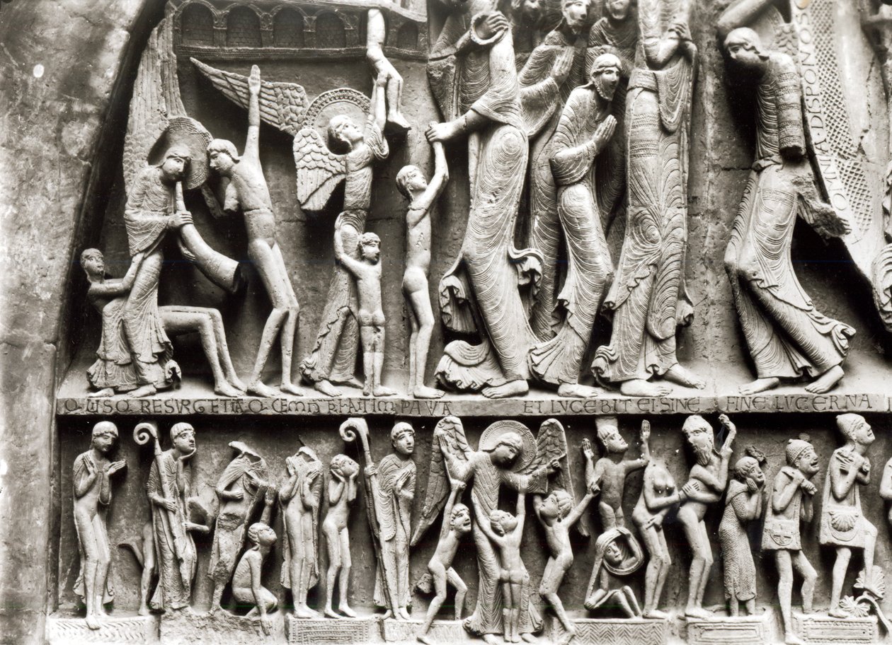 Seçilmişler, Son Yargıyı tasvir eden kulak zarından detay, ana portal by Gislebertus