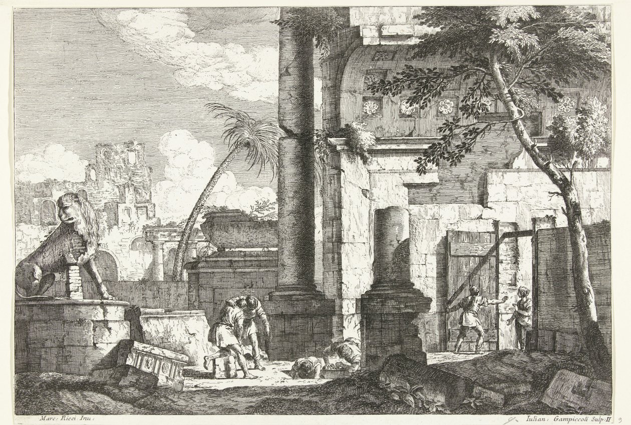 Mezar yağmacıları ve palmiye ağacı ile antik kalıntılar İtalyan manzaraları (dizi başlığı) by Giuliano Giampiccoli