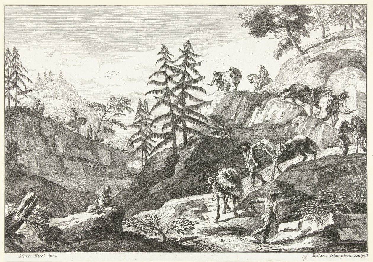 Atları yokuş aşağı yönlendiren binicilerle dağ manzarası İtalyan manzaraları (dizi başlığı) by Giuliano Giampiccoli