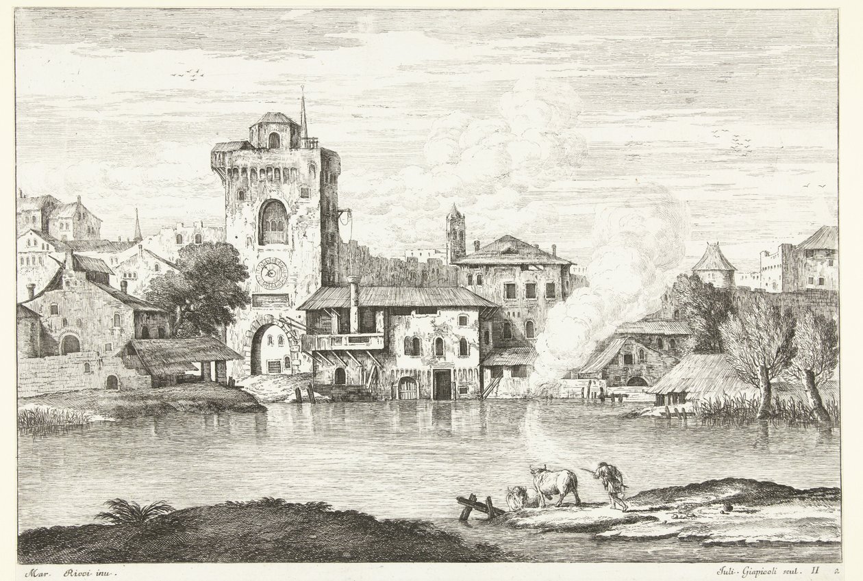 Su üzerinde bir kule ile şehir manzarası İtalyan manzaraları (dizi başlığı) by Giuliano Giampiccoli