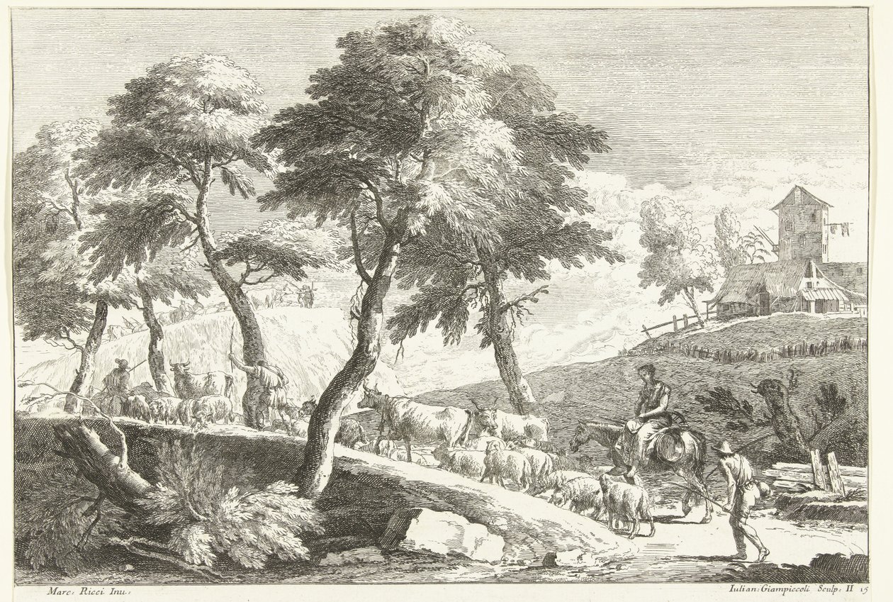 Çobanlar ve sığırlar ile tepelik manzara İtalyan manzaraları (dizi başlığı) by Giuliano Giampiccoli