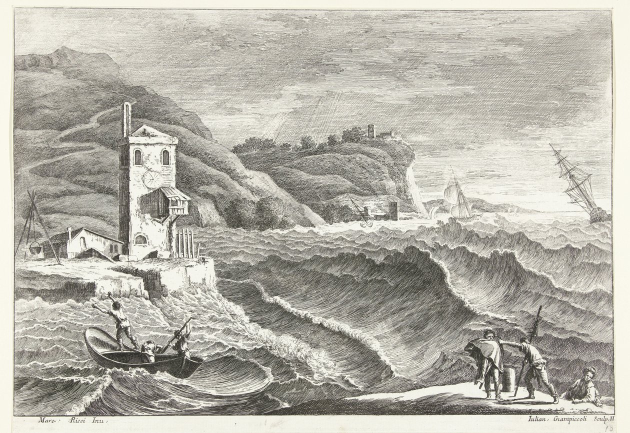 Denizde fırtına ve ateş feneri olan kıyı manzarası İtalyan manzaraları (dizi başlığı) by Giuliano Giampiccoli