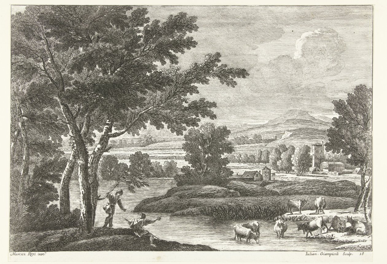 Çoban ve Sığırlarla Peyzaj by Water İtalyan Manzaraları (dizi başlığı) by Giuliano Giampiccoli