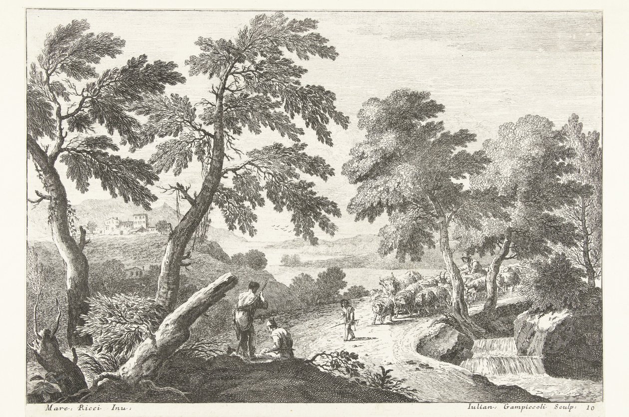 Küçük bir şelalenin yanından geçen çobanlarla manzara İtalyan manzaraları (dizi başlığı) by Giuliano Giampiccoli