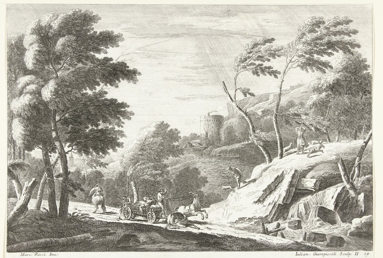 Küçük bir şelalede fırtına ve ürkmüş hayvanlarla dolu manzara İtalyan manzaraları (dizi başlığı) by Giuliano Giampiccoli