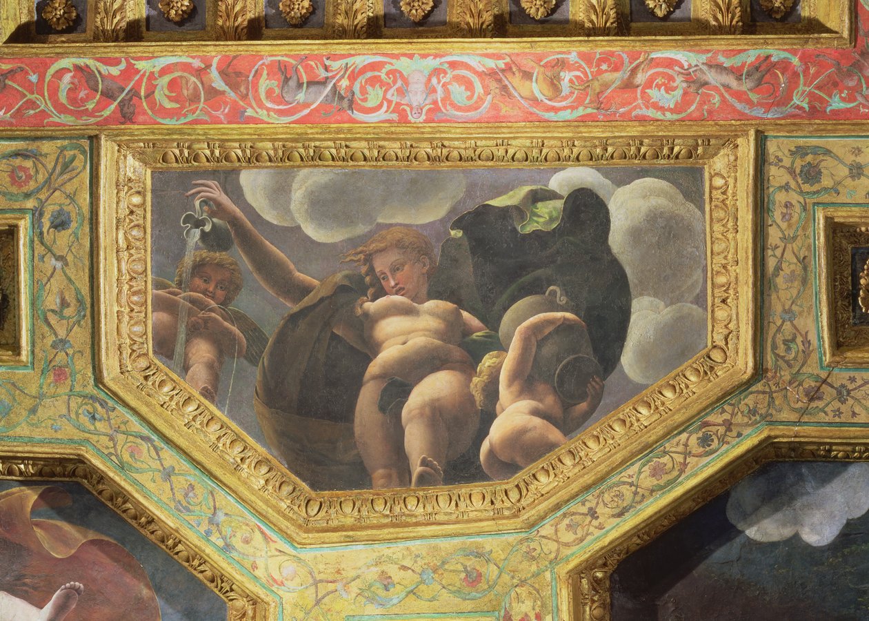 Bir sürahiden su dökülen bir peri, idrar yapan bir putto ve bir vazo tutan başka bir putto, Sala di Amore e Psiche
