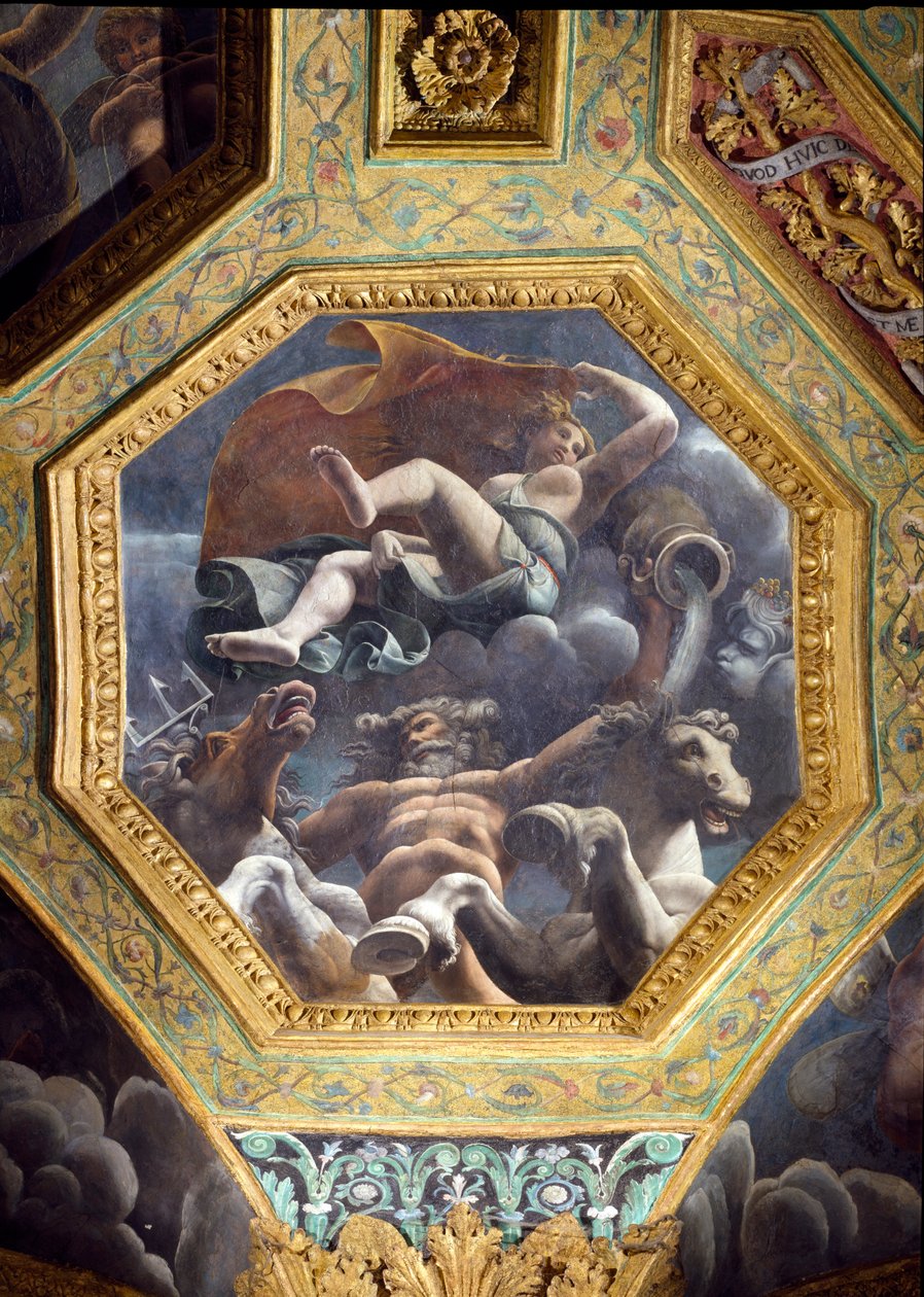 Neptün ve bir su perisi, Cupid ve Psyche Salonu'ndan tavan kesonu, 1528 (sıva üzerine yağ) by Giulio Romano