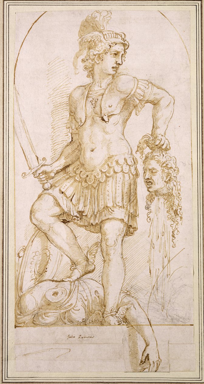 Perseus, c.1540 (beyaz kağıt üzerine siyah tebeşir ile kalem ve kahverengi kurşun kalem) by Giulio Romano