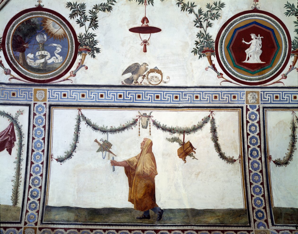 Cupid Frizinin Camera con Fregio di Amorini Odası, cüppeli bir adamı ve Medici ailesinin amblemlerini betimleyen tavanın detayı, 1520