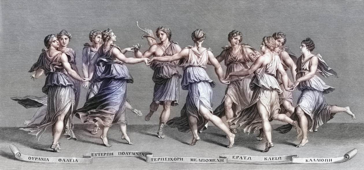 Apollo dokuz Olimposlu İlham Perisi ile dans ediyor. (Yazdır) by Giulio (after) Romano