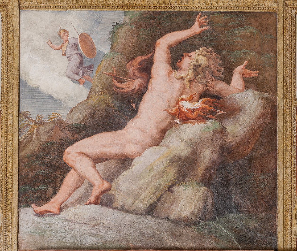 Ajax, keskin bir kayanın üzerinde bir alev parlaması ile kazığa alındı, Truva Atı, Truva Odası (Sala di Troia) by Giulio (and workshop) Romano